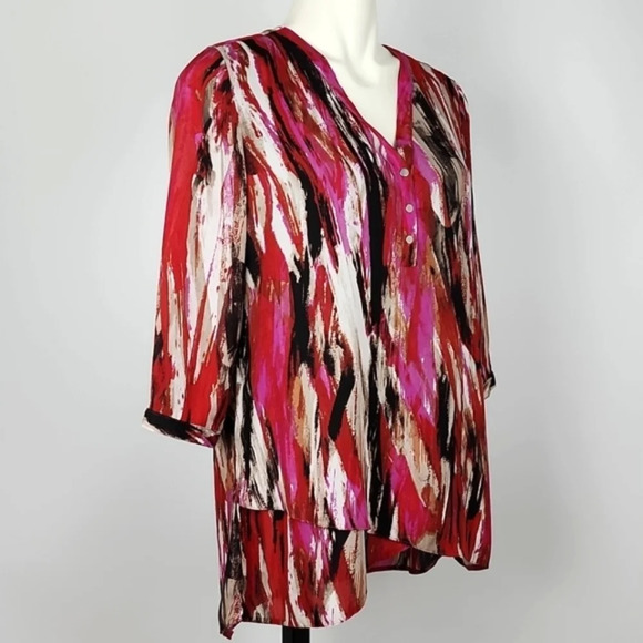⭐️3/ $30⭐️ Brody Myles Multi Pink Black 3/4 Length Sleeves V Neck Top Size M - Picture 2 of 13